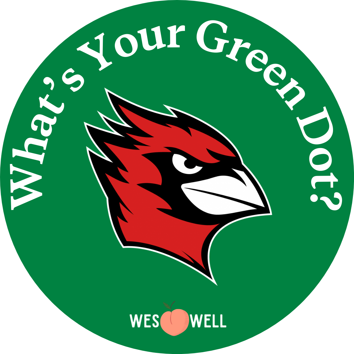 A green dot that reads "What's your Green Dot?" with the Wesleyan Cardinal in the middle